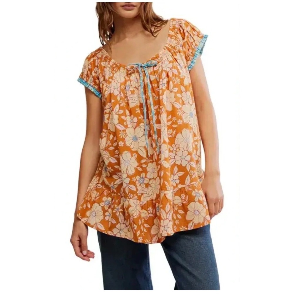 Free People Floral Babydoll Tunic Top Orange Blue Boho Flutter Sleeve XS